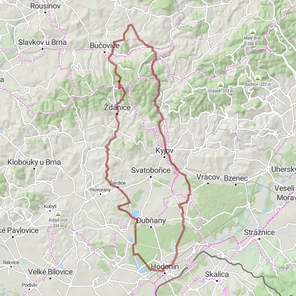 Miniaturní mapa "Gravelový výlet kolem Hodonína" inspirace pro cyklisty v oblasti Jihovýchod, Czech Republic. Vytvořeno pomocí plánovače tras Tarmacs.app