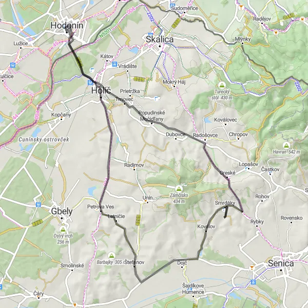 Map miniature of "The Wine Route" cycling inspiration in Jihovýchod, Czech Republic. Generated by Tarmacs.app cycling route planner