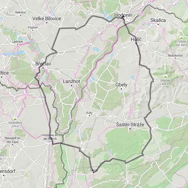 Mapa miniatúra "Hrebeň - Josefov - Hodonín" cyklistická inšpirácia v Jihovýchod, Czech Republic. Vygenerované cyklistickým plánovačom trás Tarmacs.app