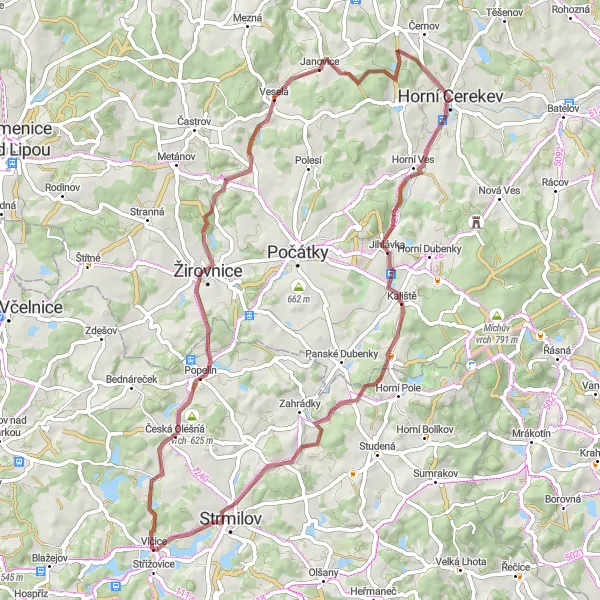 Karten-Miniaturansicht der Radinspiration "Gravelroute über Berge und Täler" in Jihovýchod, Czech Republic. Erstellt vom Tarmacs.app-Routenplaner für Radtouren