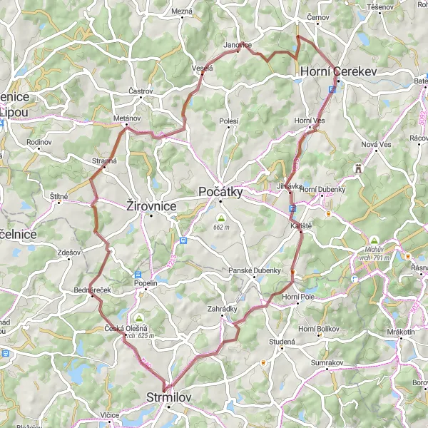 Karten-Miniaturansicht der Radinspiration "Gravel-Rundfahrt nach Horní Cerekev" in Jihovýchod, Czech Republic. Erstellt vom Tarmacs.app-Routenplaner für Radtouren