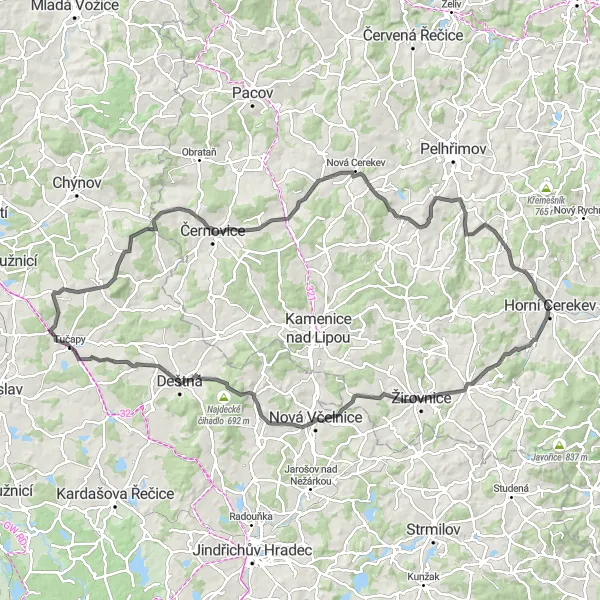 Map miniature of "Králův vrch and Blaník Cycling Adventure" cycling inspiration in Jihovýchod, Czech Republic. Generated by Tarmacs.app cycling route planner