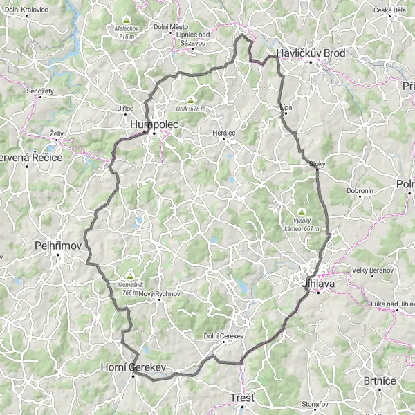 Miniatura mapy "Trasa z Horní Cerekwi: Góry i wzgórza" - trasy rowerowej w Jihovýchod, Czech Republic. Wygenerowane przez planer tras rowerowych Tarmacs.app