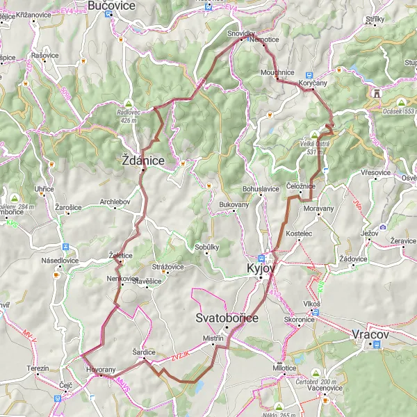 Miniatura mapy "Trasa wokół Hovoran (gravel)" - trasy rowerowej w Jihovýchod, Czech Republic. Wygenerowane przez planer tras rowerowych Tarmacs.app