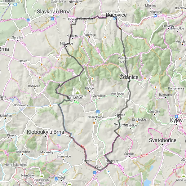 Miniatura mapy "Trasa przez Krumvíř i Ždánice" - trasy rowerowej w Jihovýchod, Czech Republic. Wygenerowane przez planer tras rowerowych Tarmacs.app