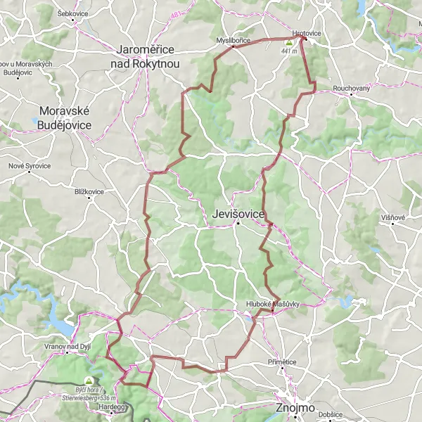 Miniaturní mapa "Gravelová trasa Litovany-Horní Břečkov" inspirace pro cyklisty v oblasti Jihovýchod, Czech Republic. Vytvořeno pomocí plánovače tras Tarmacs.app