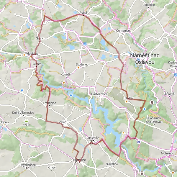 Miniaturní mapa "Gravelová trasa Valeč-Zámek Dalešice" inspirace pro cyklisty v oblasti Jihovýchod, Czech Republic. Vytvořeno pomocí plánovače tras Tarmacs.app