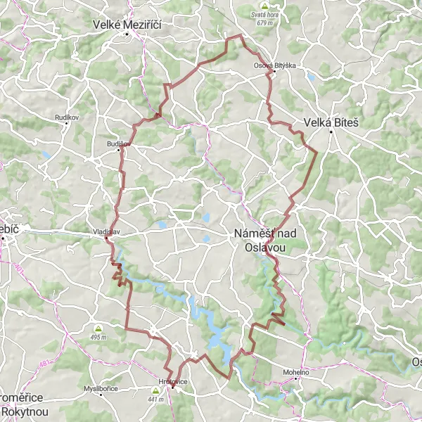 Miniaturní mapa "Gravelová trasa Valeč-Zámek Dalešice" inspirace pro cyklisty v oblasti Jihovýchod, Czech Republic. Vytvořeno pomocí plánovače tras Tarmacs.app