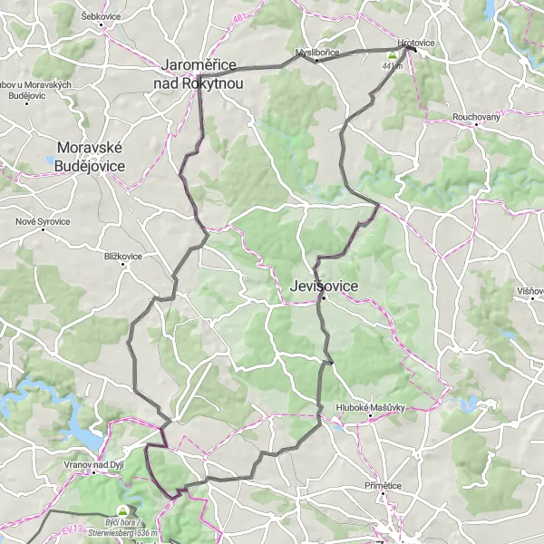 Miniaturní mapa "Silniční trasa Radkovice u Hrotovic-Myslibořice" inspirace pro cyklisty v oblasti Jihovýchod, Czech Republic. Vytvořeno pomocí plánovače tras Tarmacs.app
