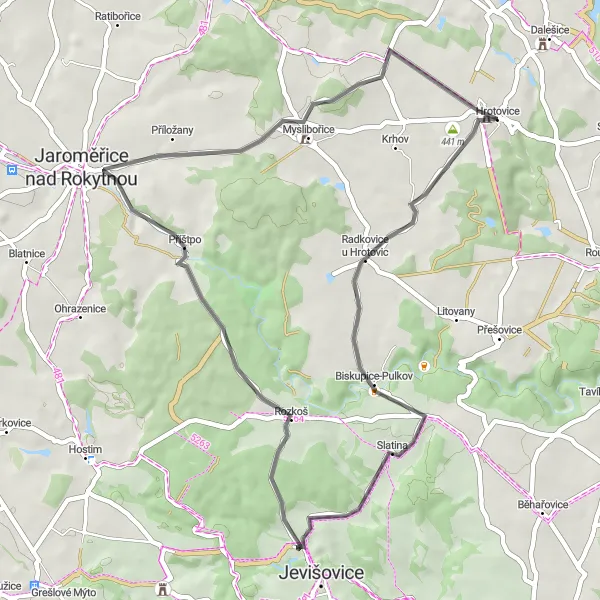 Karten-Miniaturansicht der Radinspiration "Radfahren durch die Natur um Hrotovice" in Jihovýchod, Czech Republic. Erstellt vom Tarmacs.app-Routenplaner für Radtouren