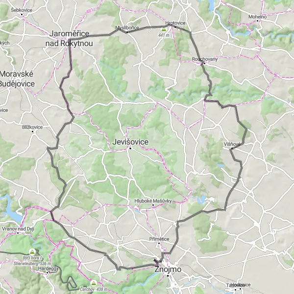 Miniaturní mapa "Okruhová cyklotrasa Jaroměřice nad Rokytnou" inspirace pro cyklisty v oblasti Jihovýchod, Czech Republic. Vytvořeno pomocí plánovače tras Tarmacs.app
