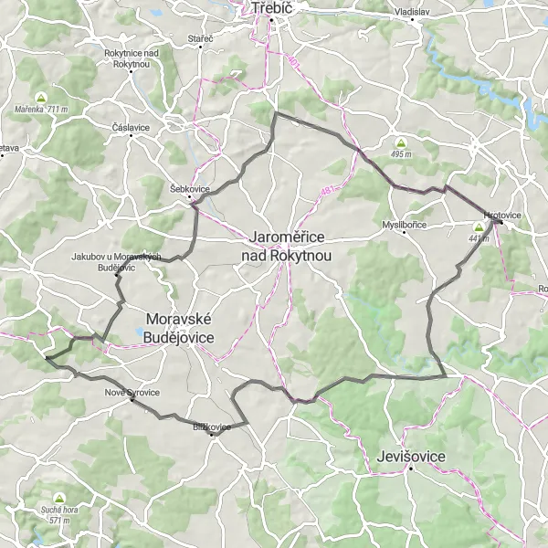 Miniatura mapy "Przejażdżka szlakiem road w okolicach Hrotovic" - trasy rowerowej w Jihovýchod, Czech Republic. Wygenerowane przez planer tras rowerowych Tarmacs.app