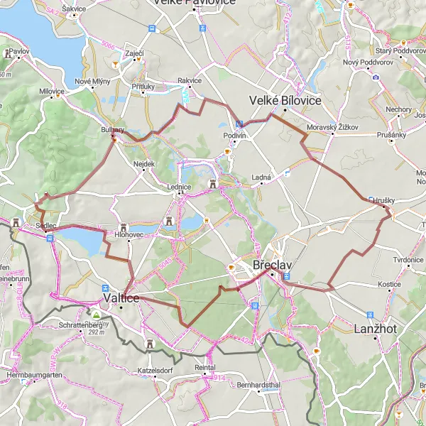 Miniaturní mapa "Gravelový okruh kolem Břeclavi" inspirace pro cyklisty v oblasti Jihovýchod, Czech Republic. Vytvořeno pomocí plánovače tras Tarmacs.app