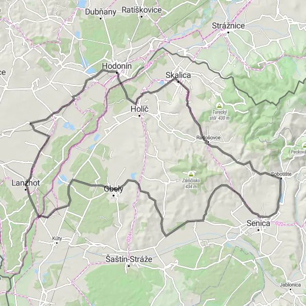 Miniaturní mapa "Moravský okruh přes Skalici" inspirace pro cyklisty v oblasti Jihovýchod, Czech Republic. Vytvořeno pomocí plánovače tras Tarmacs.app