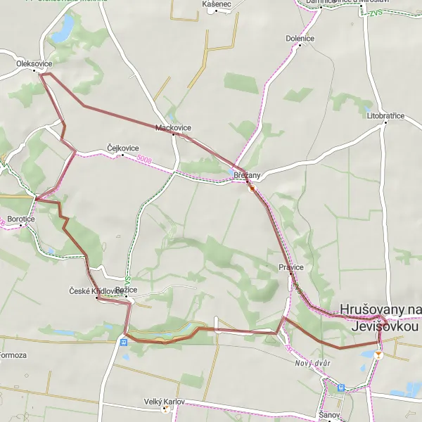 Miniaturní mapa "Gravelová výprava do okolí Hrušovan nad Jevišovkou" inspirace pro cyklisty v oblasti Jihovýchod, Czech Republic. Vytvořeno pomocí plánovače tras Tarmacs.app