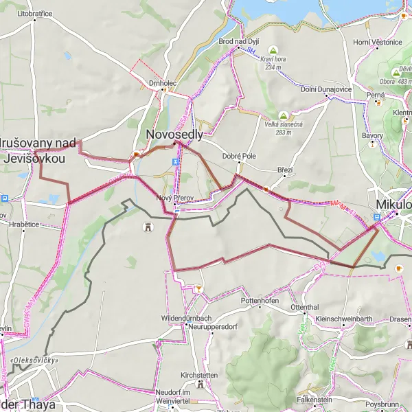 Miniaturní mapa "Gravel Trasa kolem Jevišovky" inspirace pro cyklisty v oblasti Jihovýchod, Czech Republic. Vytvořeno pomocí plánovače tras Tarmacs.app