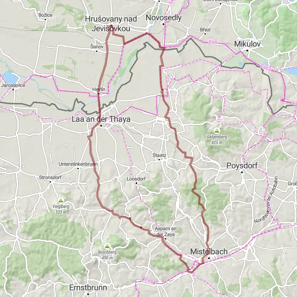 Miniaturní mapa "Vinné sklepy a zámky okolo Hrušovan nad Jevišovkou" inspirace pro cyklisty v oblasti Jihovýchod, Czech Republic. Vytvořeno pomocí plánovače tras Tarmacs.app