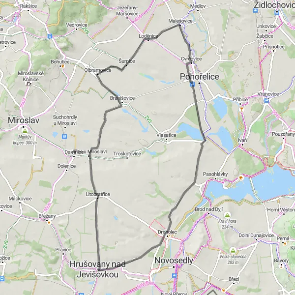 Miniaturní mapa "Cyklovýlet do kopců a vesnic" inspirace pro cyklisty v oblasti Jihovýchod, Czech Republic. Vytvořeno pomocí plánovače tras Tarmacs.app
