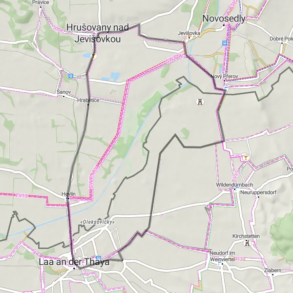 Miniaturní mapa "Cyklovýlet po okolí Hrušovan nad Jevišovkou" inspirace pro cyklisty v oblasti Jihovýchod, Czech Republic. Vytvořeno pomocí plánovače tras Tarmacs.app