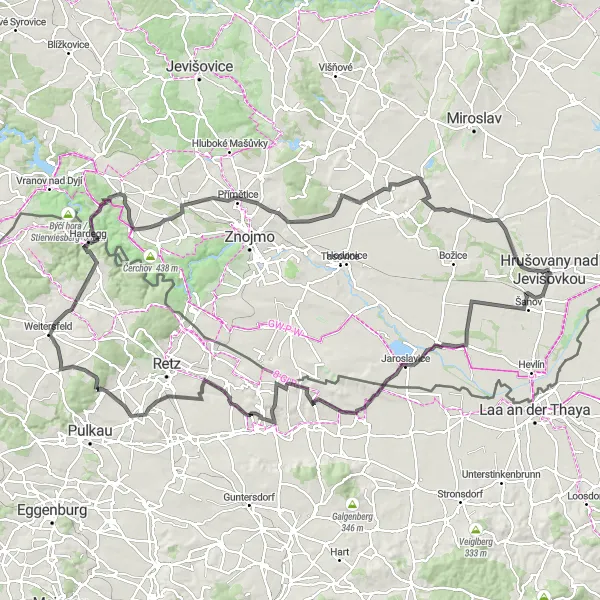 Miniaturní mapa "Road Trasa k Henner až do Hrušovan nad Jevišovkou" inspirace pro cyklisty v oblasti Jihovýchod, Czech Republic. Vytvořeno pomocí plánovače tras Tarmacs.app