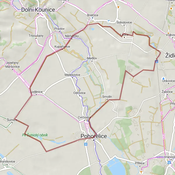 Mapa miniatúra "Zelené porozdelenie okolia" cyklistická inšpirácia v Jihovýchod, Czech Republic. Vygenerované cyklistickým plánovačom trás Tarmacs.app