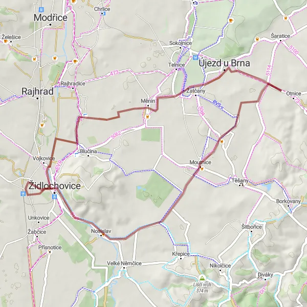 Miniaturní mapa "Okruh přes Opatovice a Nosislav" inspirace pro cyklisty v oblasti Jihovýchod, Czech Republic. Vytvořeno pomocí plánovače tras Tarmacs.app