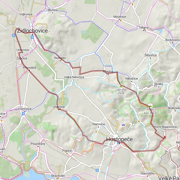 Miniaturní mapa "Gravelová cyklostezka skrze vinice a kopce" inspirace pro cyklisty v oblasti Jihovýchod, Czech Republic. Vytvořeno pomocí plánovače tras Tarmacs.app