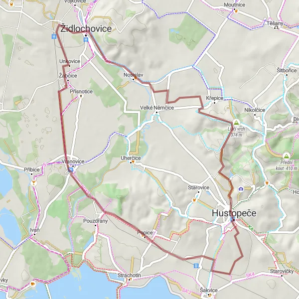 Miniaturní mapa "Trasa skrz Nosislav a Hustopeče" inspirace pro cyklisty v oblasti Jihovýchod, Czech Republic. Vytvořeno pomocí plánovače tras Tarmacs.app