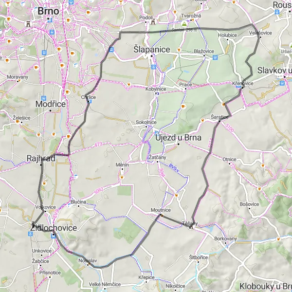 Mapa miniatúra "Cyklotrasa kolem Chrlic a Těšan" cyklistická inšpirácia v Jihovýchod, Czech Republic. Vygenerované cyklistickým plánovačom trás Tarmacs.app