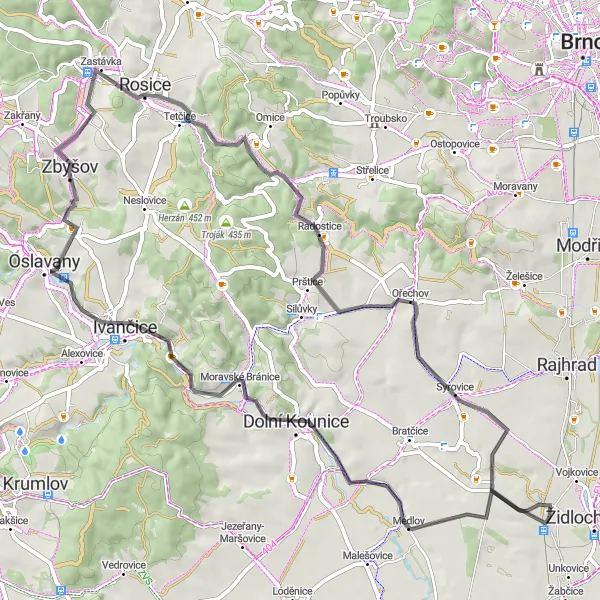 Mapa miniatúra "Okružná cyklistická trasa cez Němčičky a Ořechov" cyklistická inšpirácia v Jihovýchod, Czech Republic. Vygenerované cyklistickým plánovačom trás Tarmacs.app