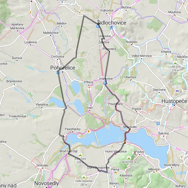 Miniatura mapy "Trasa Road Pouzdřany" - trasy rowerowej w Jihovýchod, Czech Republic. Wygenerowane przez planer tras rowerowych Tarmacs.app