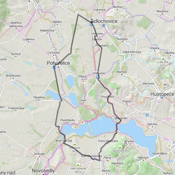 Mapa miniatúra "Okruh kolem Hrušovan u Brna" cyklistická inšpirácia v Jihovýchod, Czech Republic. Vygenerované cyklistickým plánovačom trás Tarmacs.app