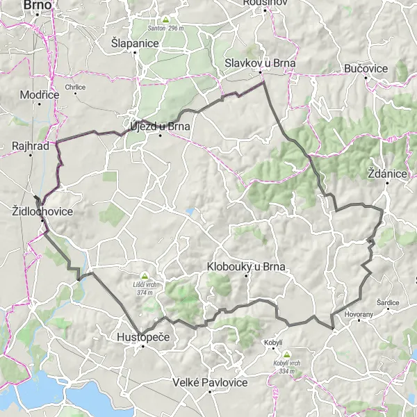 Miniaturní mapa "Velký okruh přes Židlochovice a Šaratice" inspirace pro cyklisty v oblasti Jihovýchod, Czech Republic. Vytvořeno pomocí plánovače tras Tarmacs.app