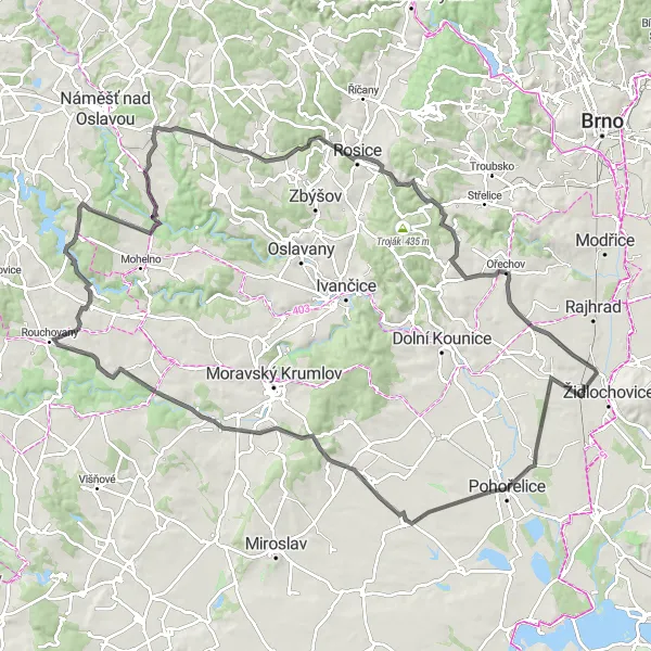 Miniaturní mapa "Náročná silniční cyklotrasa přes kopce a údolí" inspirace pro cyklisty v oblasti Jihovýchod, Czech Republic. Vytvořeno pomocí plánovače tras Tarmacs.app