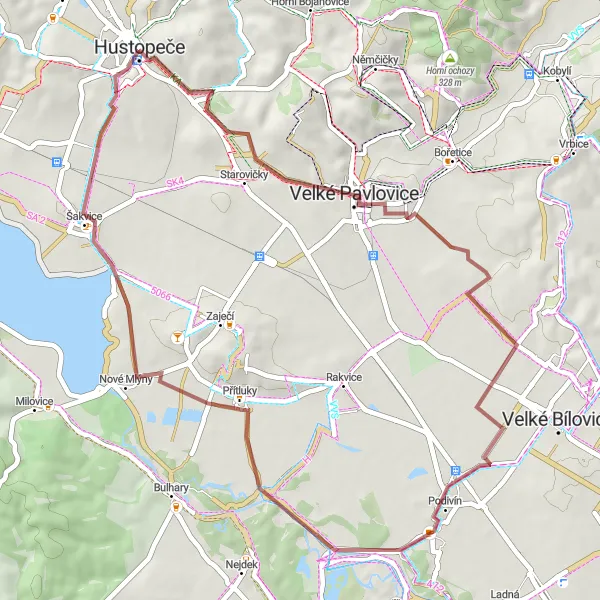 Miniaturní mapa "Okružní cyklistická trasa u Hustopečí" inspirace pro cyklisty v oblasti Jihovýchod, Czech Republic. Vytvořeno pomocí plánovače tras Tarmacs.app