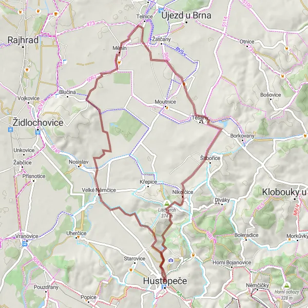 Mapa miniatúra "Gravelová trasa kolem Hustopečí" cyklistická inšpirácia v Jihovýchod, Czech Republic. Vygenerované cyklistickým plánovačom trás Tarmacs.app