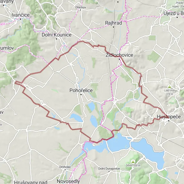 Miniaturní mapa "Gravelová cyklotrasa kolem Hustopečí" inspirace pro cyklisty v oblasti Jihovýchod, Czech Republic. Vytvořeno pomocí plánovače tras Tarmacs.app