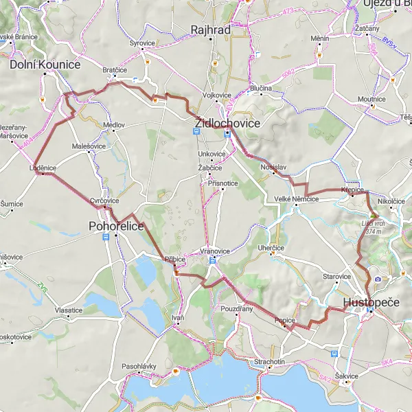 Miniaturní mapa "Gravel výlet po jihozápadní Moravě" inspirace pro cyklisty v oblasti Jihovýchod, Czech Republic. Vytvořeno pomocí plánovače tras Tarmacs.app