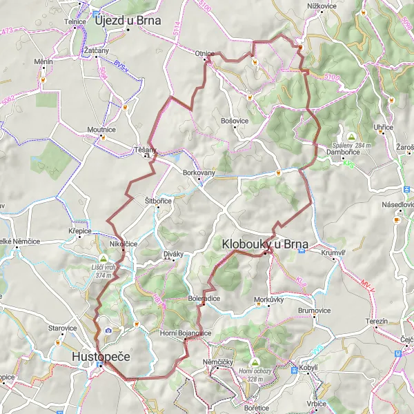 Mapa miniatúra "Gravel okruh s výhľadmi v okolí Hustopečí" cyklistická inšpirácia v Jihovýchod, Czech Republic. Vygenerované cyklistickým plánovačom trás Tarmacs.app