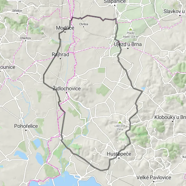Miniaturní mapa "Silniční cyklotrasa kolem Hustopečí" inspirace pro cyklisty v oblasti Jihovýchod, Czech Republic. Vytvořeno pomocí plánovače tras Tarmacs.app