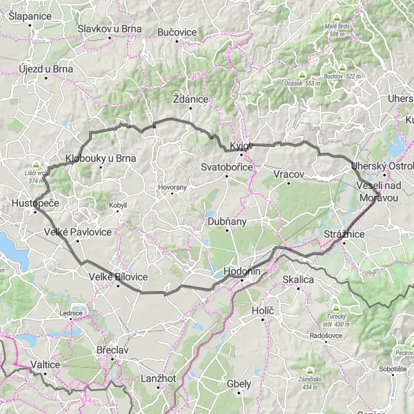 Karten-Miniaturansicht der Radinspiration "Große Rundtour um Hustopeče" in Jihovýchod, Czech Republic. Erstellt vom Tarmacs.app-Routenplaner für Radtouren