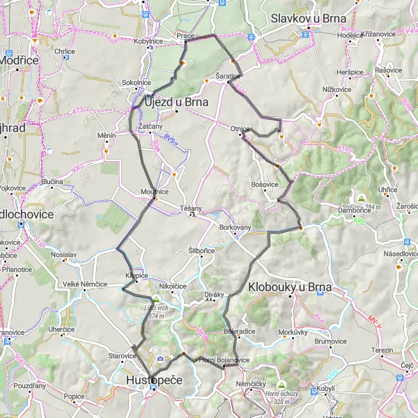 Miniaturní mapa "Silniční cyklotrasa kolem Hustopečí" inspirace pro cyklisty v oblasti Jihovýchod, Czech Republic. Vytvořeno pomocí plánovače tras Tarmacs.app