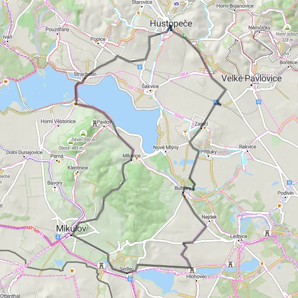 Miniaturní mapa "Cyklovýlet po jižní Moravě" inspirace pro cyklisty v oblasti Jihovýchod, Czech Republic. Vytvořeno pomocí plánovače tras Tarmacs.app