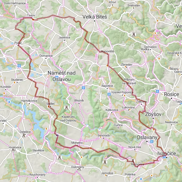 Miniaturní mapa "Gravelova cyklotrasa okolo Ivančic" inspirace pro cyklisty v oblasti Jihovýchod, Czech Republic. Vytvořeno pomocí plánovače tras Tarmacs.app
