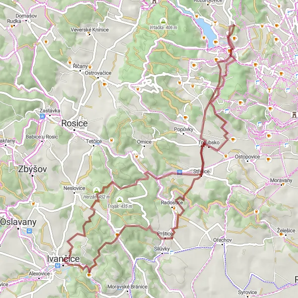 Miniaturní mapa "Gravel Okruh přes Komínský vrch" inspirace pro cyklisty v oblasti Jihovýchod, Czech Republic. Vytvořeno pomocí plánovače tras Tarmacs.app