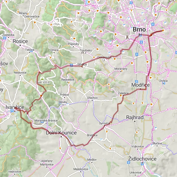 Miniaturní mapa "Gravel Ivančice - Střelice" inspirace pro cyklisty v oblasti Jihovýchod, Czech Republic. Vytvořeno pomocí plánovače tras Tarmacs.app