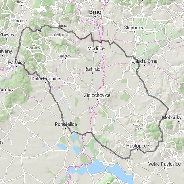 Miniaturní mapa "Road Ivančice - Na Oklikách" inspirace pro cyklisty v oblasti Jihovýchod, Czech Republic. Vytvořeno pomocí plánovače tras Tarmacs.app