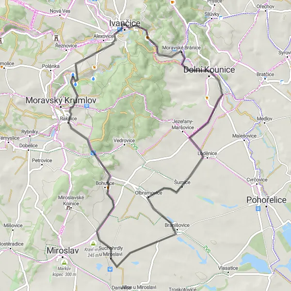 Miniaturní mapa "Tradiční Road Bike Trasa kolem Ivančic" inspirace pro cyklisty v oblasti Jihovýchod, Czech Republic. Vytvořeno pomocí plánovače tras Tarmacs.app