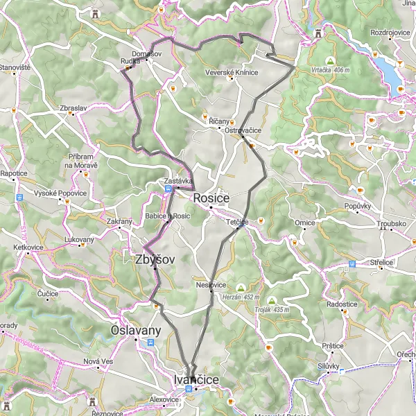 Miniaturní mapa "Road Bike Trasa přes Neslovice" inspirace pro cyklisty v oblasti Jihovýchod, Czech Republic. Vytvořeno pomocí plánovače tras Tarmacs.app