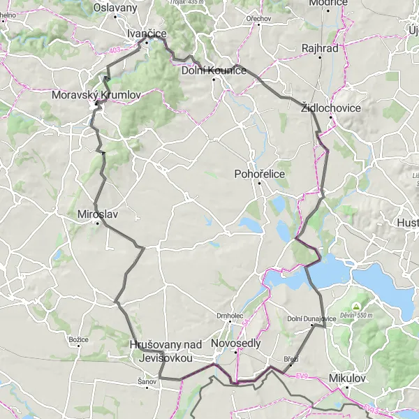Miniaturní mapa "Road Ivančice - Křepelčí vrch" inspirace pro cyklisty v oblasti Jihovýchod, Czech Republic. Vytvořeno pomocí plánovače tras Tarmacs.app